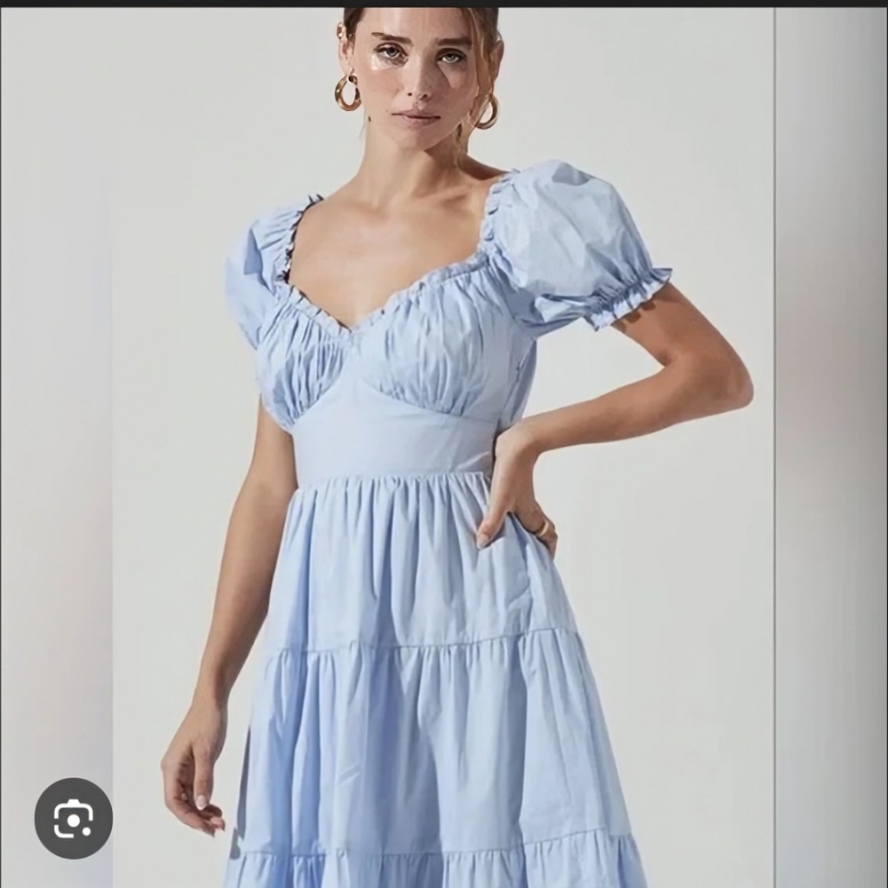 Astr the Label Blue Puffed Sleeve Milkmaid Cottagecore Midi Dress SZ M